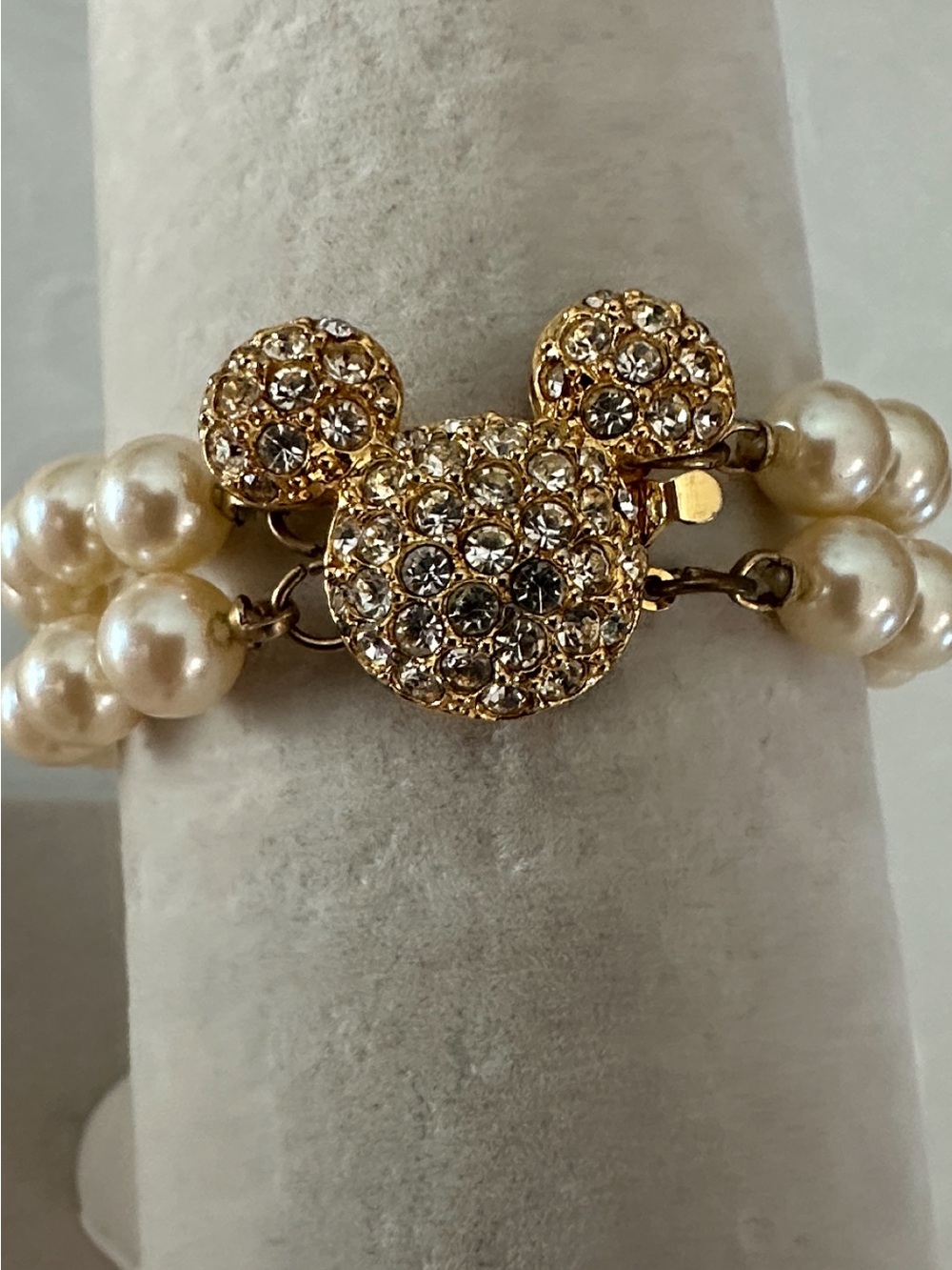Vtg Disney Mickey Mouse Crystal Head Faux Pearl Double Stand Bracelet